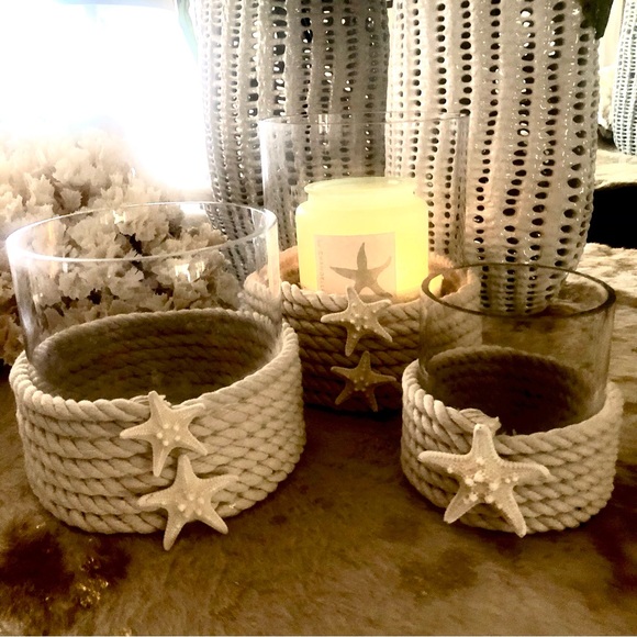 New! Nautical Bleached White Rope With  Starfish Glass Medium Hurricane - Picture 5 of 7